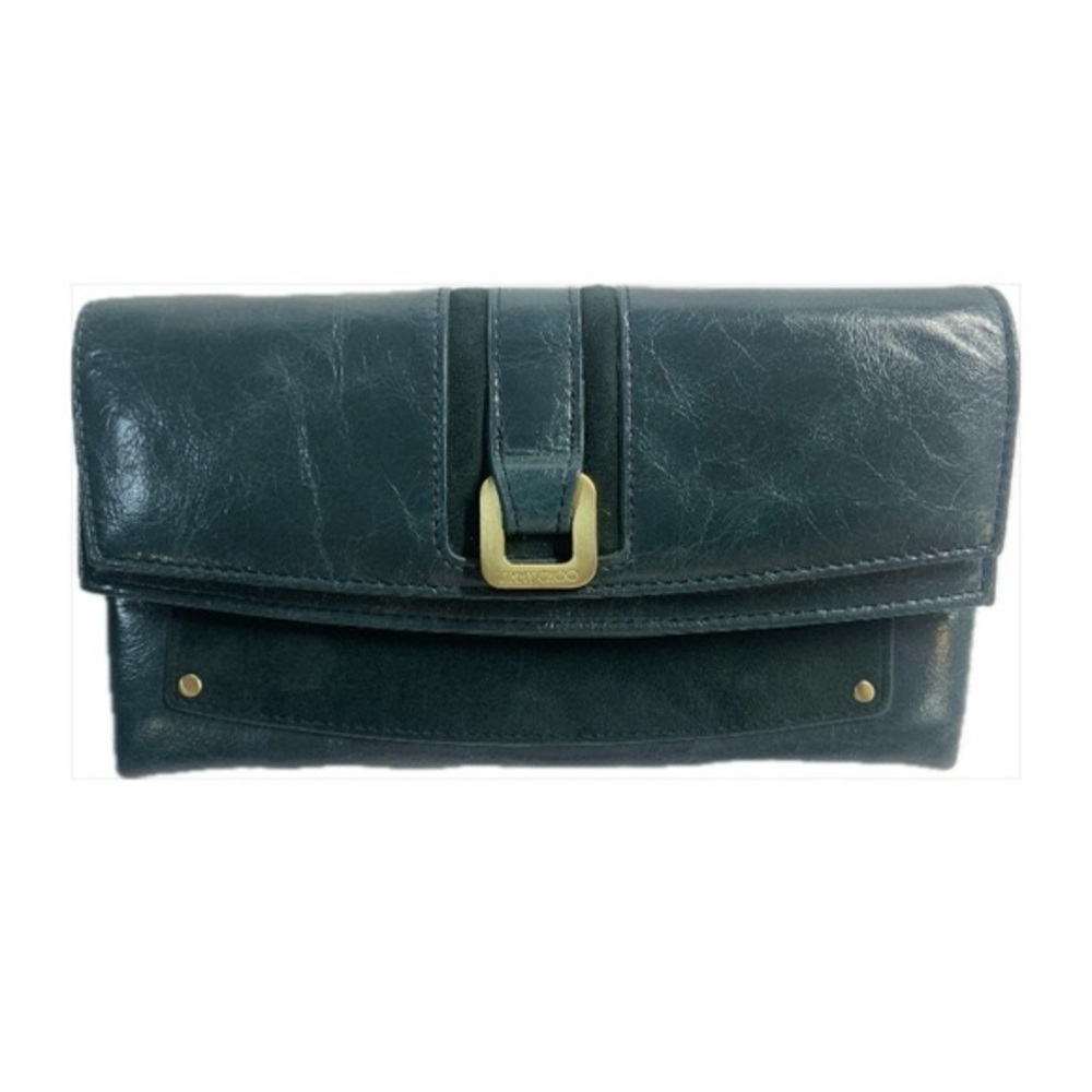 Jimmy Choo Utah Leather Wallet Clutch Dark Teal Green Suede Large Snap Closure